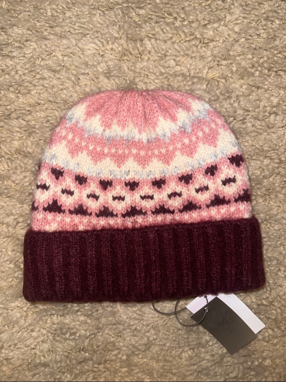 NWT Vince Camuto Wine and Pink Brushed Fair Isle Beanie